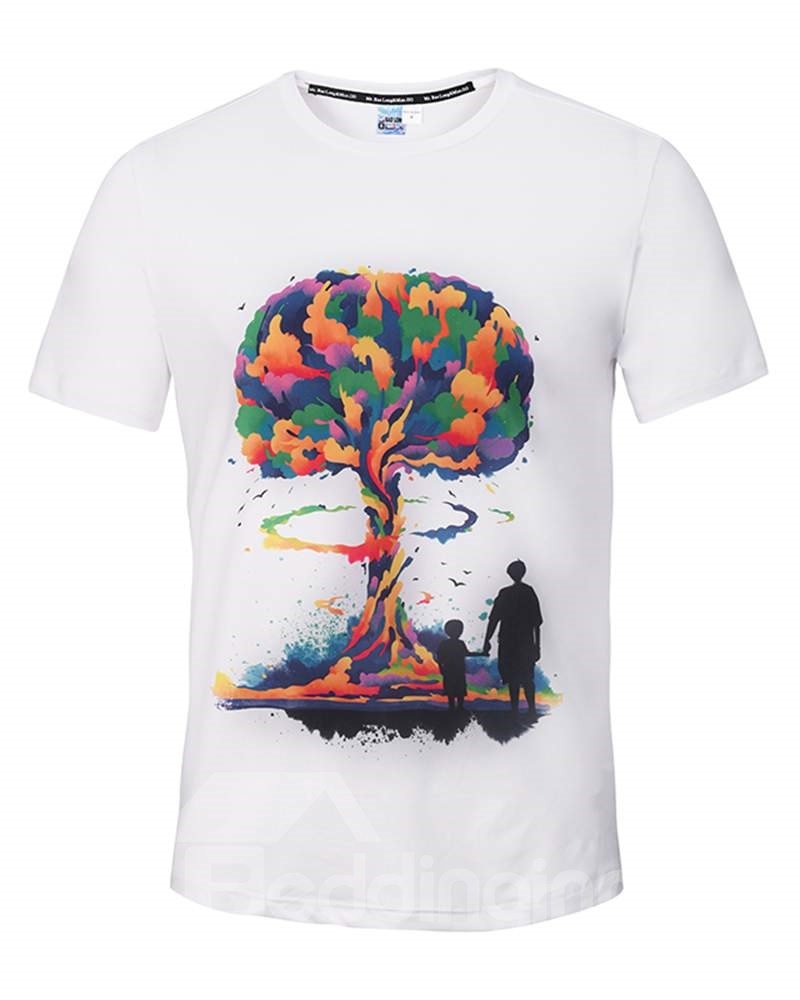Camiseta blanca pintada en 3D con cuello redondo, árbol colorido y patrón de dos hombres