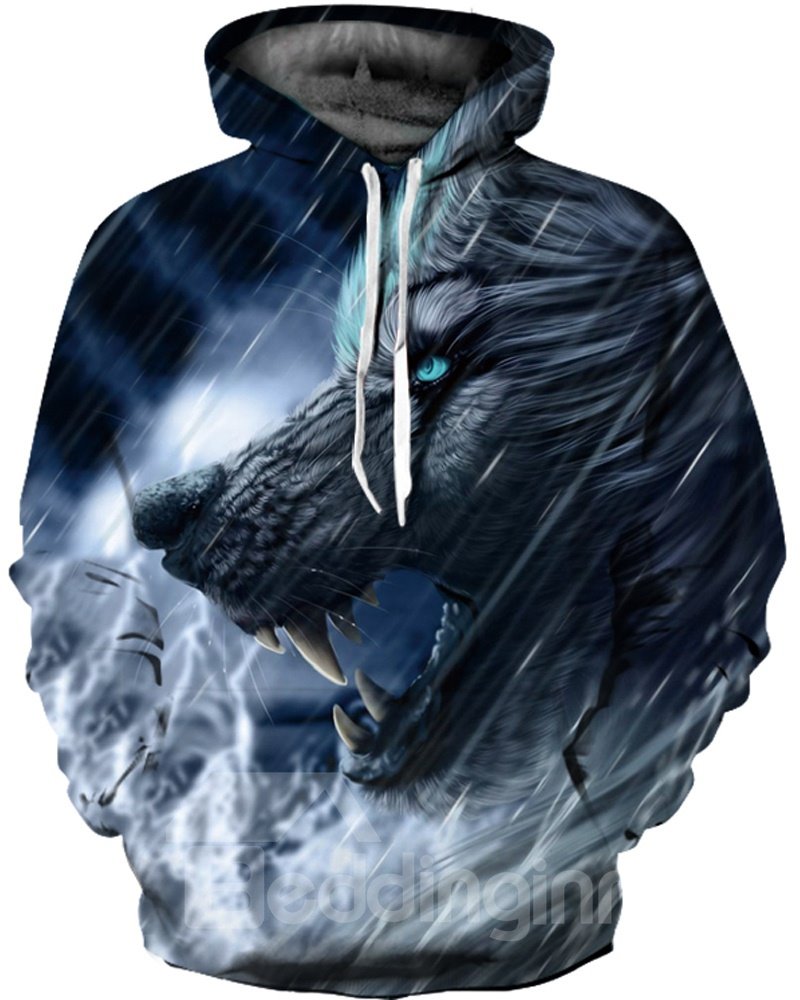 Sudadera con capucha pintada en 3D con bolsillo delantero y patrón de lobo loco de manga larga