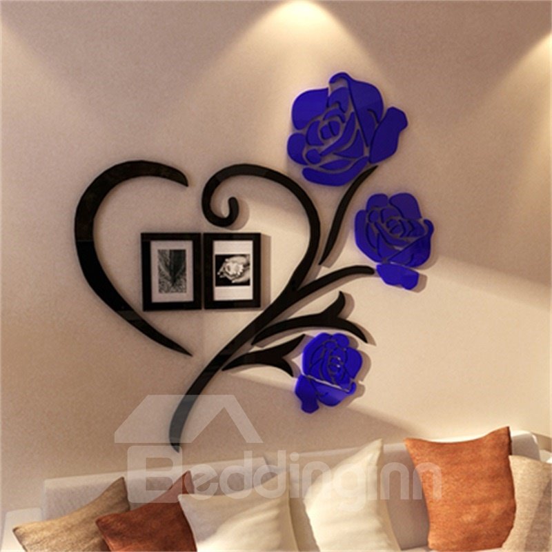 Blue Two Photo Frame Love Heart Pattern Acrylic Material Living Room 3D Wall Sticker