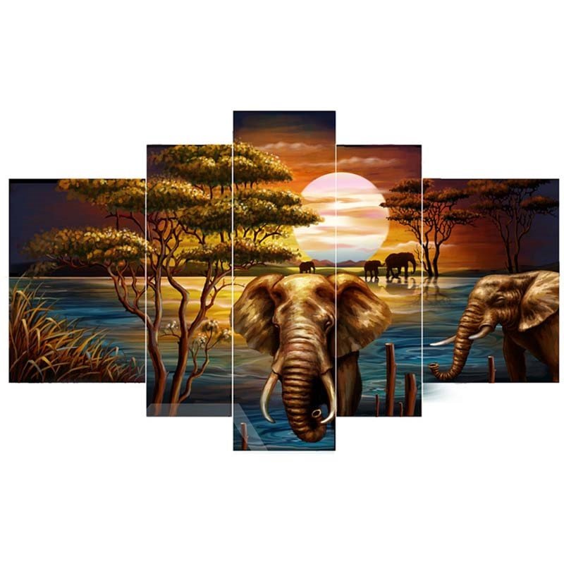Puesta de sol y elefante junto al lago, lienzo colgante de 5 piezas, impresiones sin marco ecológicas e impermeables