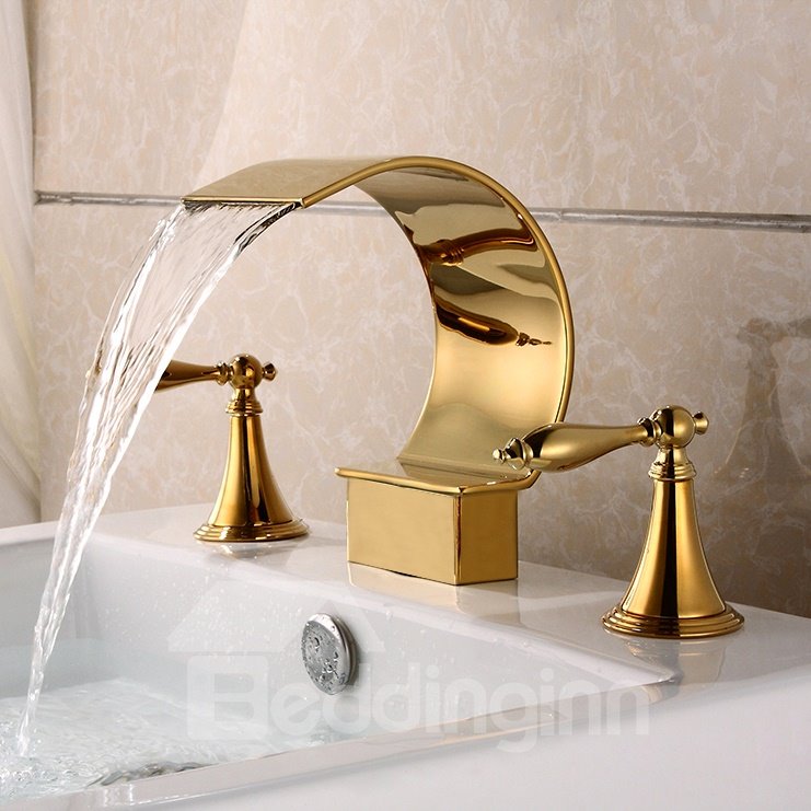 Goldener Wasserfall-Wasserhahn aus Edelstahl mit Doppelgriffen