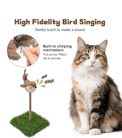Chirping Bird Cat Toy with Stable Grass Base, Interactive Motion Activated Plush Bird with Realistic Bird Sounds, Spring Feather Teaser Toy for Indoor Cats, Hunting, Exercise & Independent Play