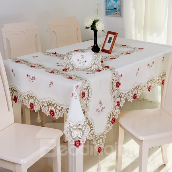 Luxurious Polyester Embroidered Red Roses Pattern Kitchen Dining Tablecloth