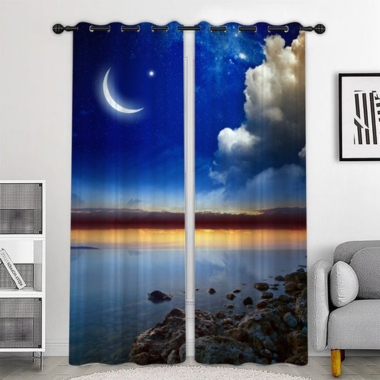 Modern 3D Moon Blue Scenery Curtains Custom 2 Panels Drapes for Living Room Bedroom Decoration No Pilling No Fading No off-lining Polyester