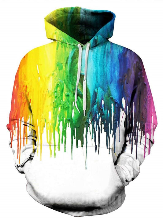 Sudadera con capucha pintada en 3D con bolsillo y patrón abstracto de manga larga multicolor como agua que cae