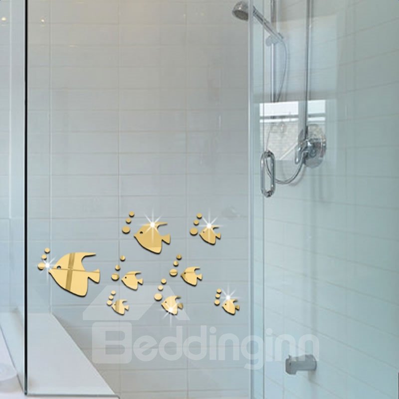 Silver/Golden Bubble Fishes Pattern Acrylic Mirror Waterproof and Eco-friendly 3D Wall Stickers