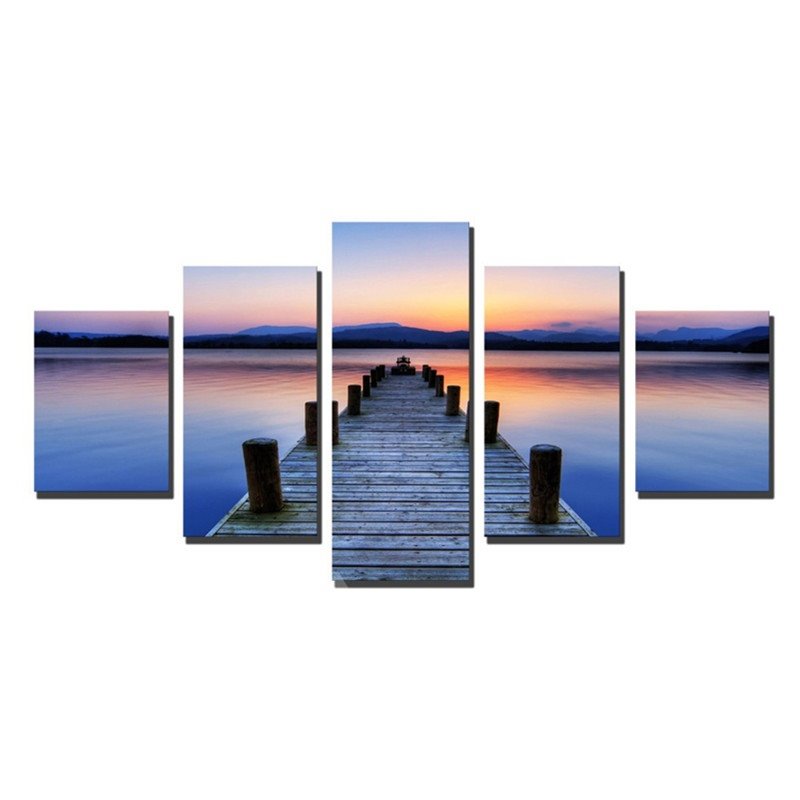 Wooden Path over River in Sunset Hanging 5-Piece Canvas Eco-friendly Waterproof Non-framed Prints