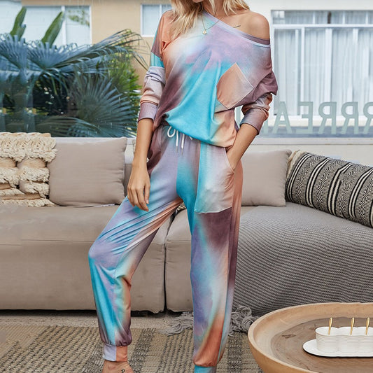 Lässiger Damen-Pyjama-Anzug mit Farbverlauf, Schnürung und langen Ärmeln und Tasche 