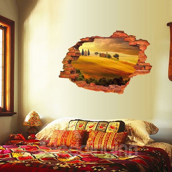 Unique Wall Hole View Village and Desert Removable 3D Wall Sticker