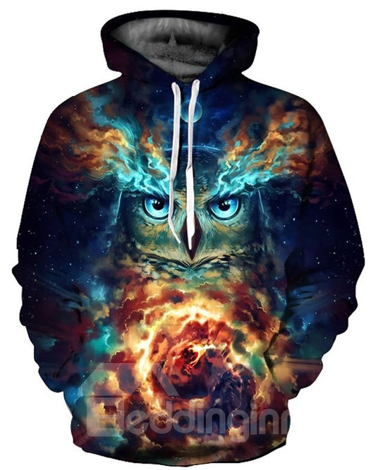Sudadera con capucha pintada en 3D con diseño de búho de fantasía y tormenta de nubes