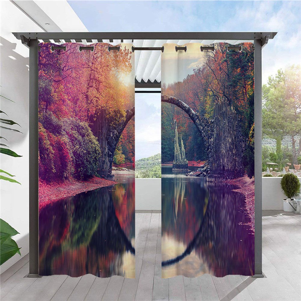 Moderne lila Outdoor-Vorhänge, Wald und Fluss, 3D-Landschaft, Cabana, Ösenvorhang, wasserdicht, sonnenbeständig, wärmeisolierend, 2 Paneele 