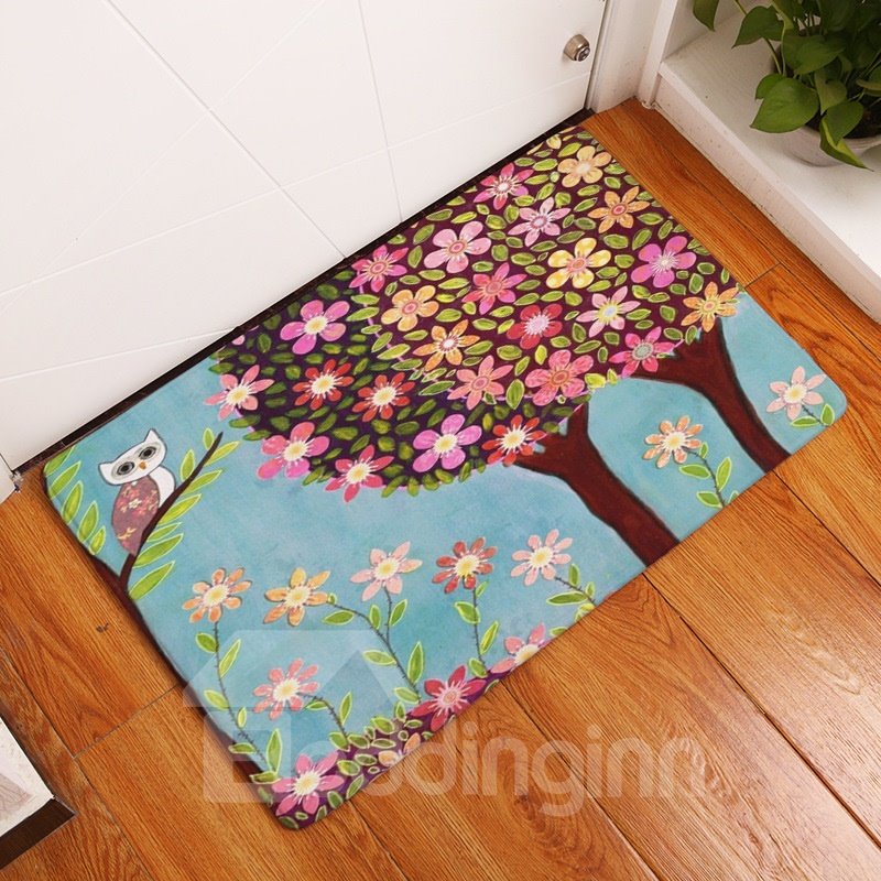 Alfombra de baño azul antideslizante con absorción de agua de franela y árboles y flores coloridas de 16 × 24 pulgadas