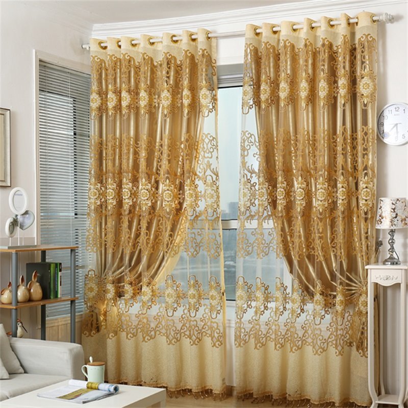 Exquisitas y elegantes cortinas superiores con ojales bordados dorados