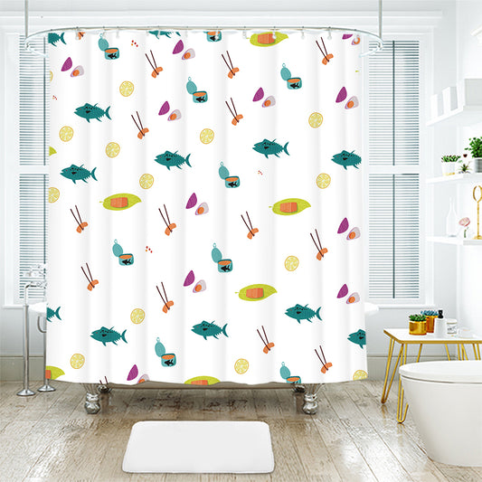 Salmon Fish Shower Curtains of Hand-Drawn Print Cuisine Sushi Ocean Seafood Theme Shower Curtain Set Fabric Bathroom Decor Set with Hooks, 71 x 71 Inches