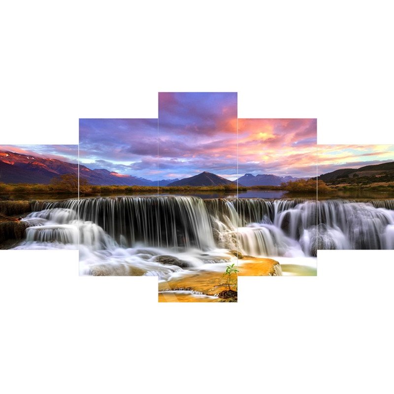 Sonnenuntergang und Wasserfall, 5-teilige Leinwand zum Aufhängen, umweltfreundliche und wasserfeste, nicht gerahmte Drucke