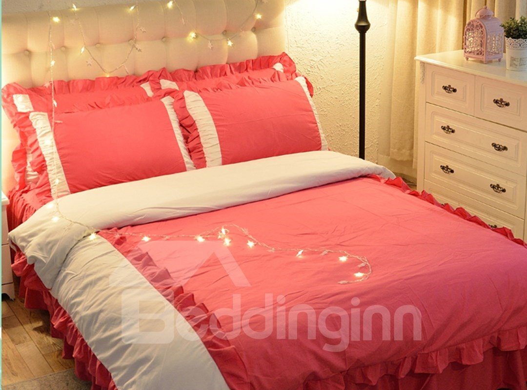 4-teilige Bettwäsche-Sets/Bettbezug aus Baumwolle im koreanischen Stil in Rot und Weiß für kleine Mädchen