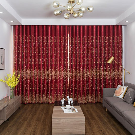 Conjuntos de cortinas rojas de encaje bordado de estilo europeo, cortina opaca transparente y con forro para decoración de sala de estar y dormitorio, sin pelusas, sin decoloración, sin forro 