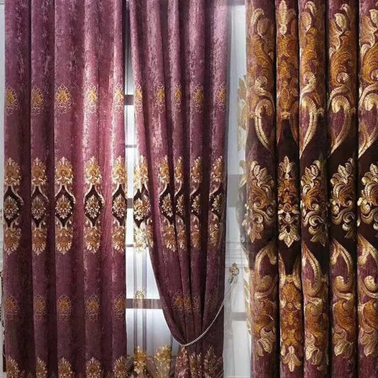 European Floral Embroidery Grommet Shading Curtains Polyester Decoration Blackout Custom 2 Panels Drapes for Living Room Bedroom  No Pilling No Fading No off-lining