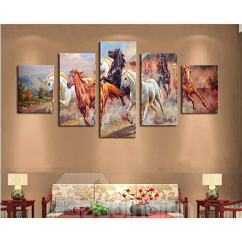 Running Horses 5-Panel Canvas Hung Non-framed Wall Prints