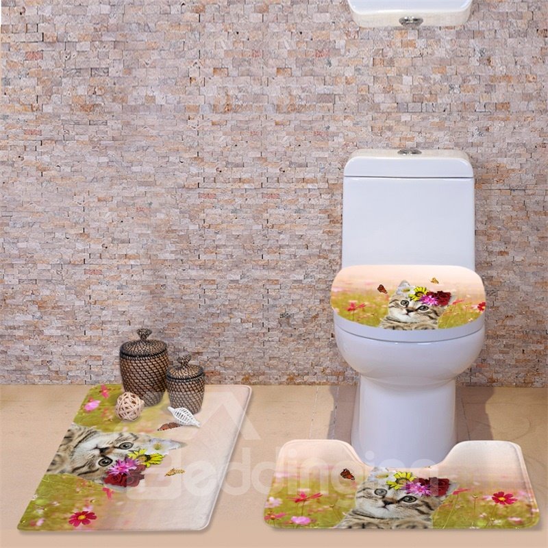 3-teiliger Toilettensitzbezug aus Flanell mit 3D-Katze mit Blumen und Schmetterlingen