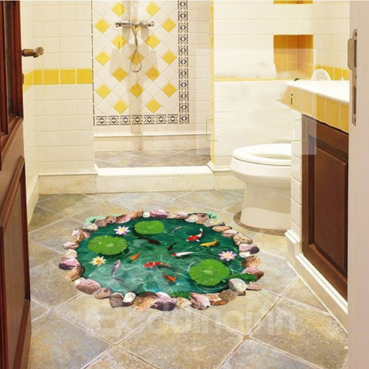 Etiqueta engomada creativa del piso del baño 3D con patrón de pez dorado y piscina de loto