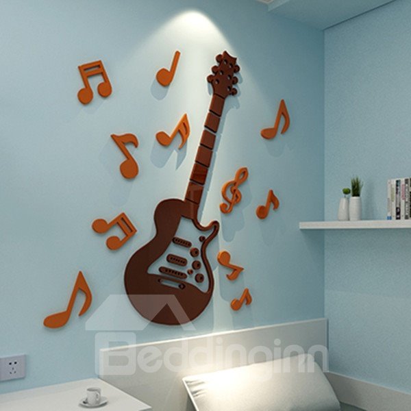 Diseño de moda Guitarra acrílica y patrón de notas 4 colores pegatinas de pared 3D