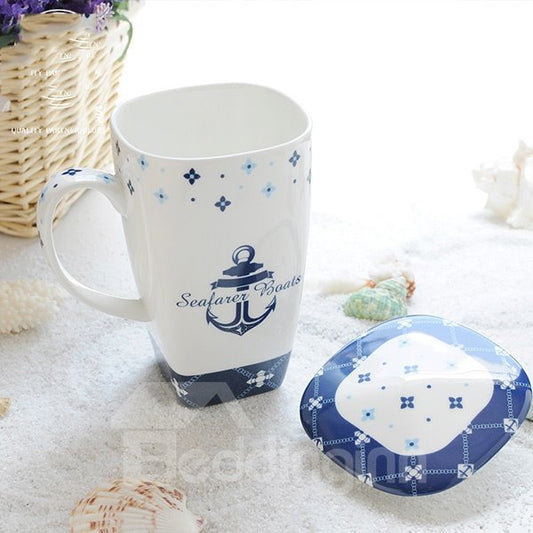 Taza de café alta de cerámica con patrón de ancla de barco con tema marinero maravilloso