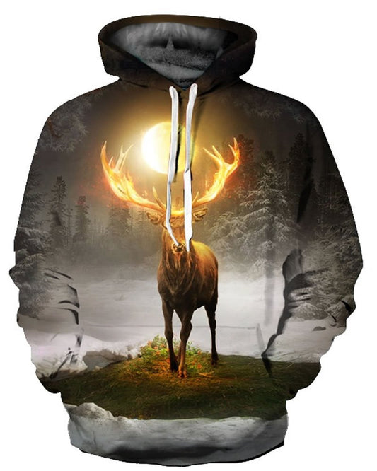 3D Golden Ahtlers Deer Forest Pattern Herrenpullover Langarm Coole Hoodies