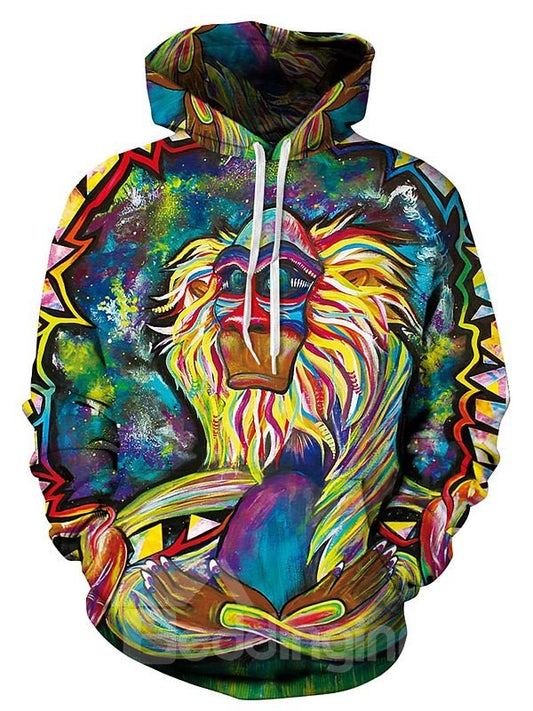 Sudadera con capucha pintada en 3D con bolsillo con patrón especial de animales simios de manga larga