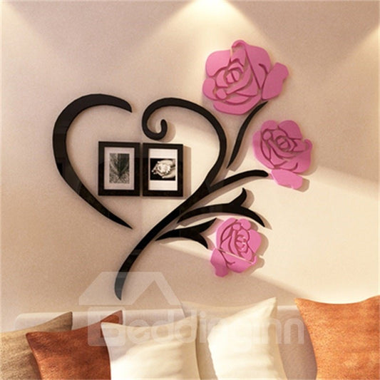 Pink Two Photo Frame Love Heart Pattern Acrylic Material Living Room 3D Wall Sticker