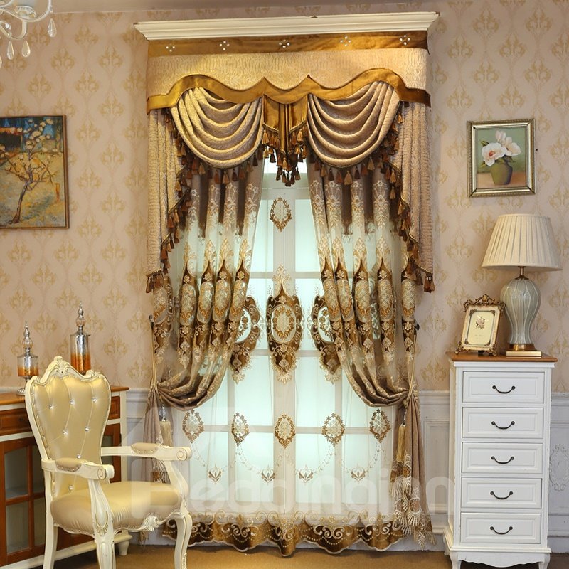 Cortina dorada de lujo Noble bordada, cortina transparente decorativa personalizada para sala de estar y dormitorio