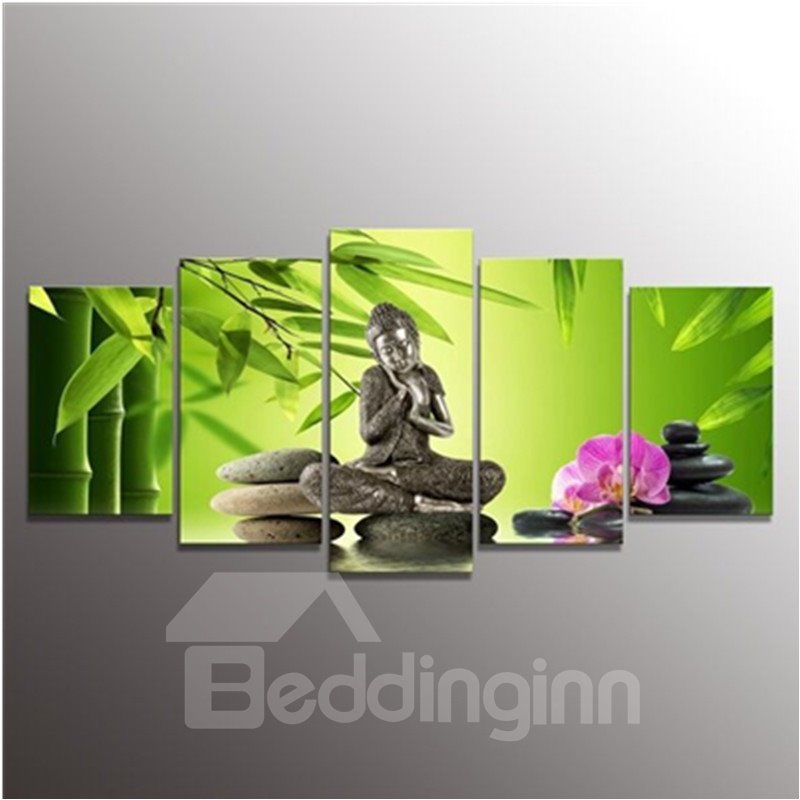 Green Bamboos and Buddha Hanging 5-Piece Canvas Eco-friendly and Waterproof Non-framed Prints