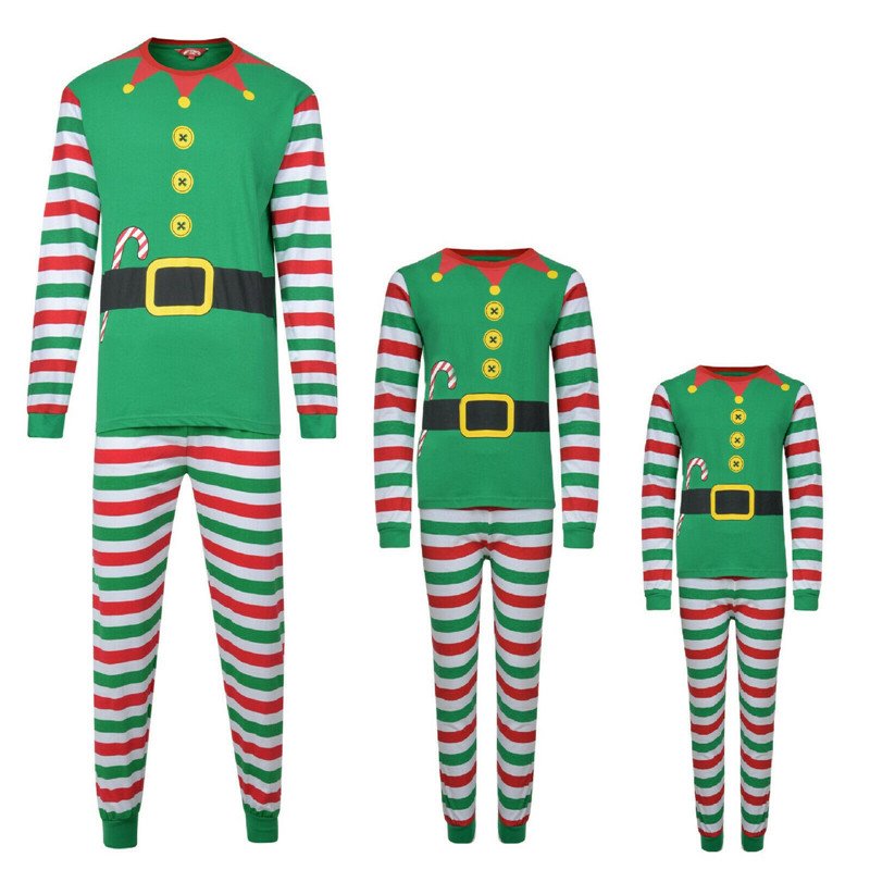 Traje familiar a rayas navideñas para padres e hijos, pantalón superior de manga larga, color verde