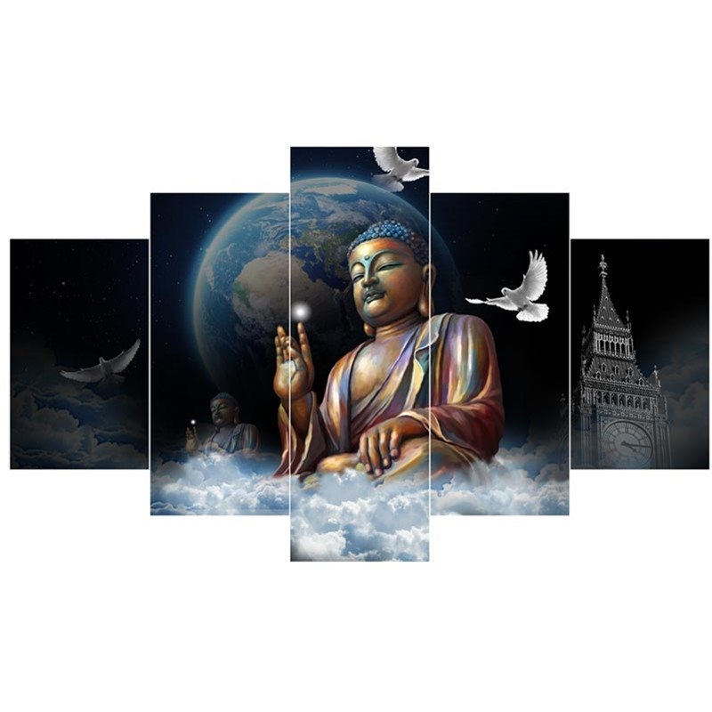 Buddha und Tauben vor dem Planeten-Muster zum Aufhängen, 5-teilige Leinwand, umweltfreundliche, wasserfeste, nicht gerahmte Drucke