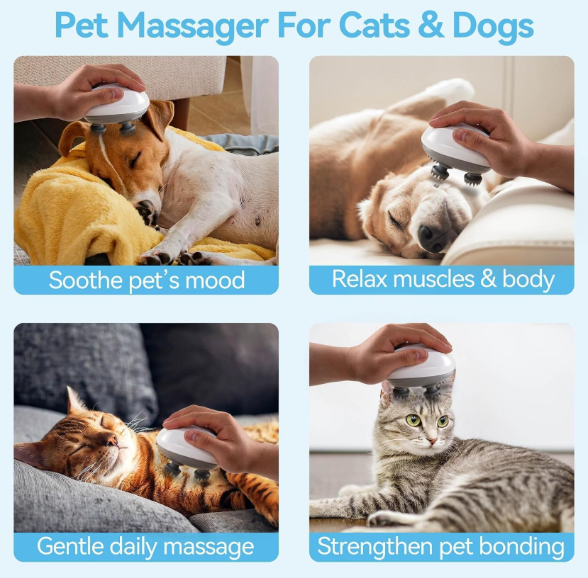 ALL FOR PAWS Cat Dog Massager for Cats & Dogs, Handheld Electric Pet Massager Brush with 4 Rotating Heads, USB Rechargeable Dog Cat Head Massager, Cordless Massage Tool with 3 Speed Modes