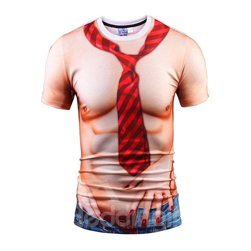 Sexy Round Neck Muscle And Tie Pattern 3D Painted T-Shirt