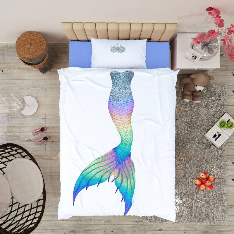 Blue Mermaid 4-Piece 3D Bedding Set/Duvet Cover Set The Underwater World Wear-resistant Breathable High Quality 60s Cotton Satin Grils Bedding