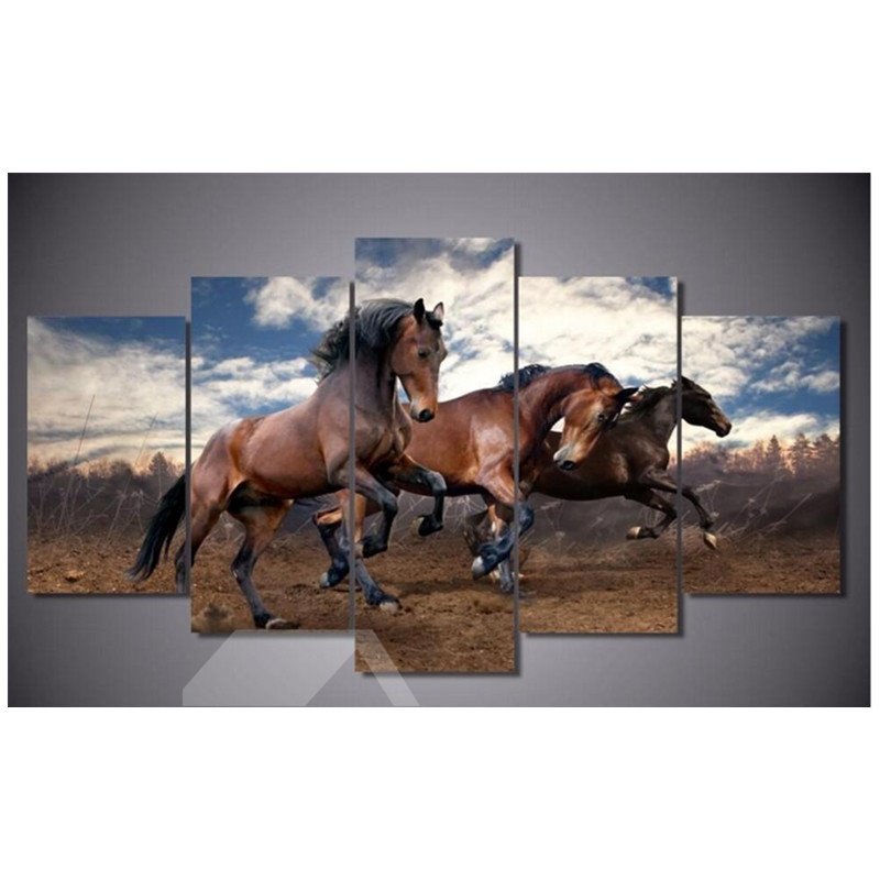 Running Horses in Blue Sky Hanging 5-Piece Canvas Eco-friendly and Waterproof Non-framed Prints