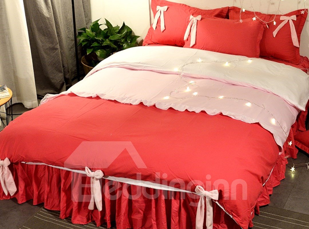 Rote Prinzessinnen-Stil, süße Schleifen, Dekor, 4-teiliges Mädchen-Bettwäsche-Set/Bettbezug
