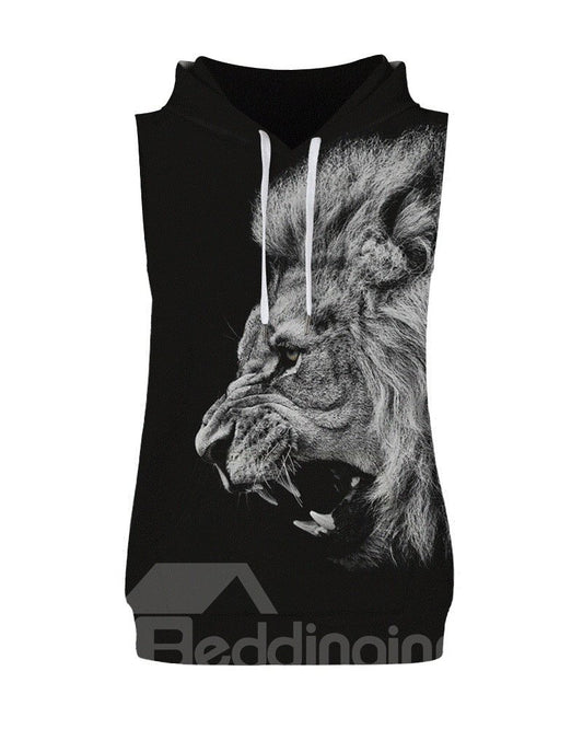 3D Roaring Lion Sleeveless Pullover Hooded Men Fashion T-shirt