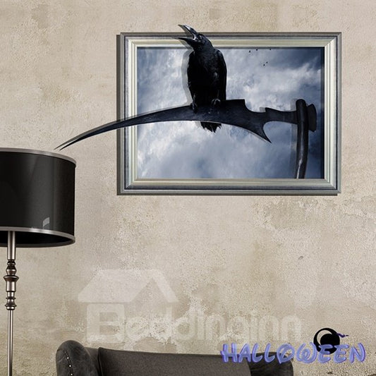 Halloween Black Crow Sitting on a Sickle 3D Wall Sticker