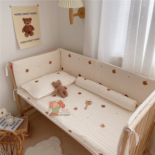 Cute Bear Pattern Newborn Baby Sleep Protector Crib Bedding Cotton Embroidered Baby Bed Surrounding Crib Fence 4 Pieces