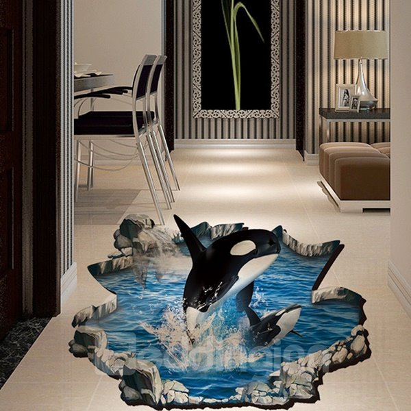 Etiqueta engomada de la pared/suelo del PVC 3D del delfín saltador y el mar azul
