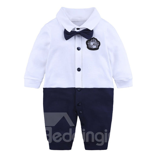 White And Black Bowknot Long Sleeve Cotton Material Fastener Infant Jumpsuit/ Baby Bodysuit