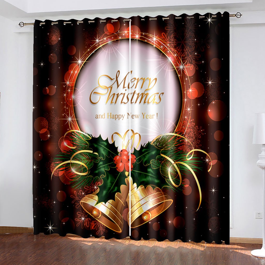 Merry Christmas Bell 3D Print Red Curtains Polyester Blackout Custom Christmas Curtains for Kitchen Living Room Bedroom Window