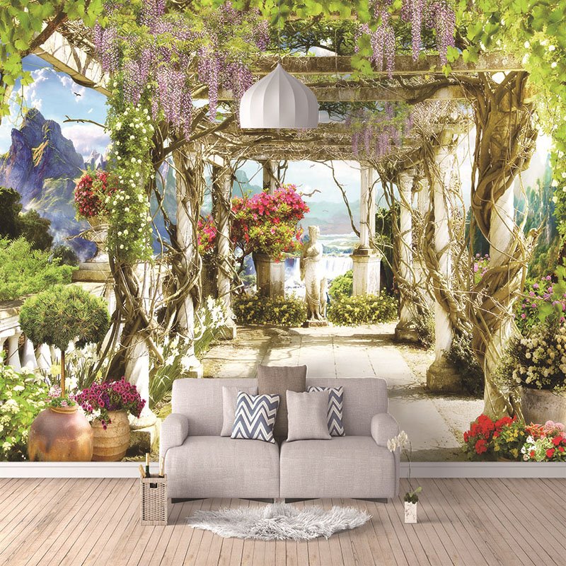 Murales de pared autoadhesivos florales de paisaje de jardín 3D, decoraciones de pared antiincrustantes impermeables y ecológicas