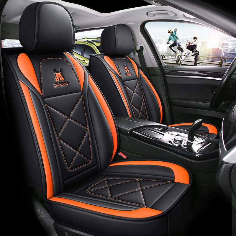 Only 5 Orange Left Full Coverage Diamond Styles Butterfly Pattern Auto Waterproof Faux Leather Car Seat Covers, Front and Rear Split Bench Seat Protectors for SUV Pick-up Truck Universal Fit Set Car Interior Accessories