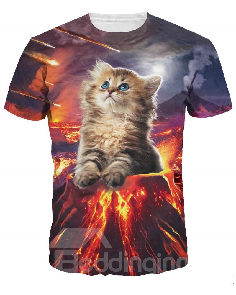 Camiseta con cuello redondo y estampado de gato en volcán, pintada en 3D