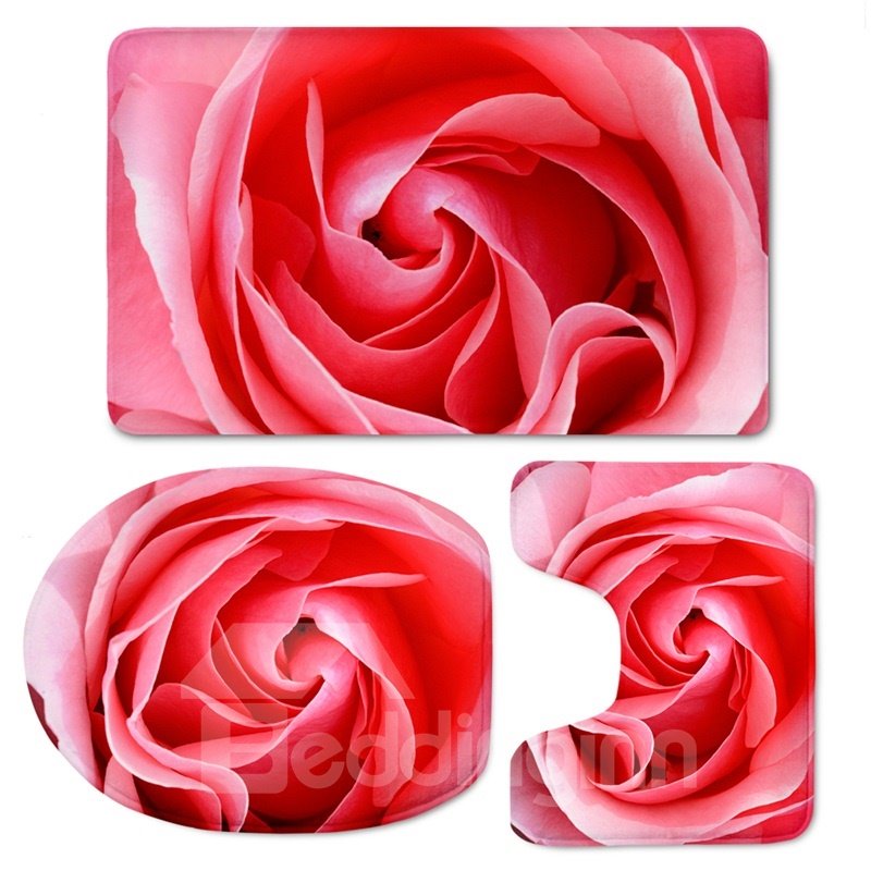 Red Rose Pattern 3-Piece Flannel PVC Soft Water-Absorption Anti-slid Toilet Seat Covers