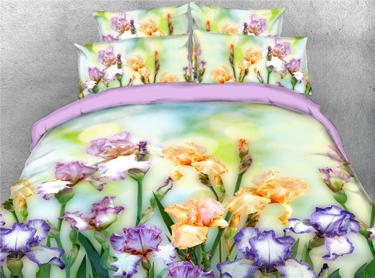 5-teiliges Bettdecken-Set/Bettwäsche-Set mit 3D-Blumenmuster, bedruckt mit Champagner- und Lila-Blumen, 1 Bettdecke, 2 Kissenbezüge, 1 Bettbezug, 1 Bettlaken 